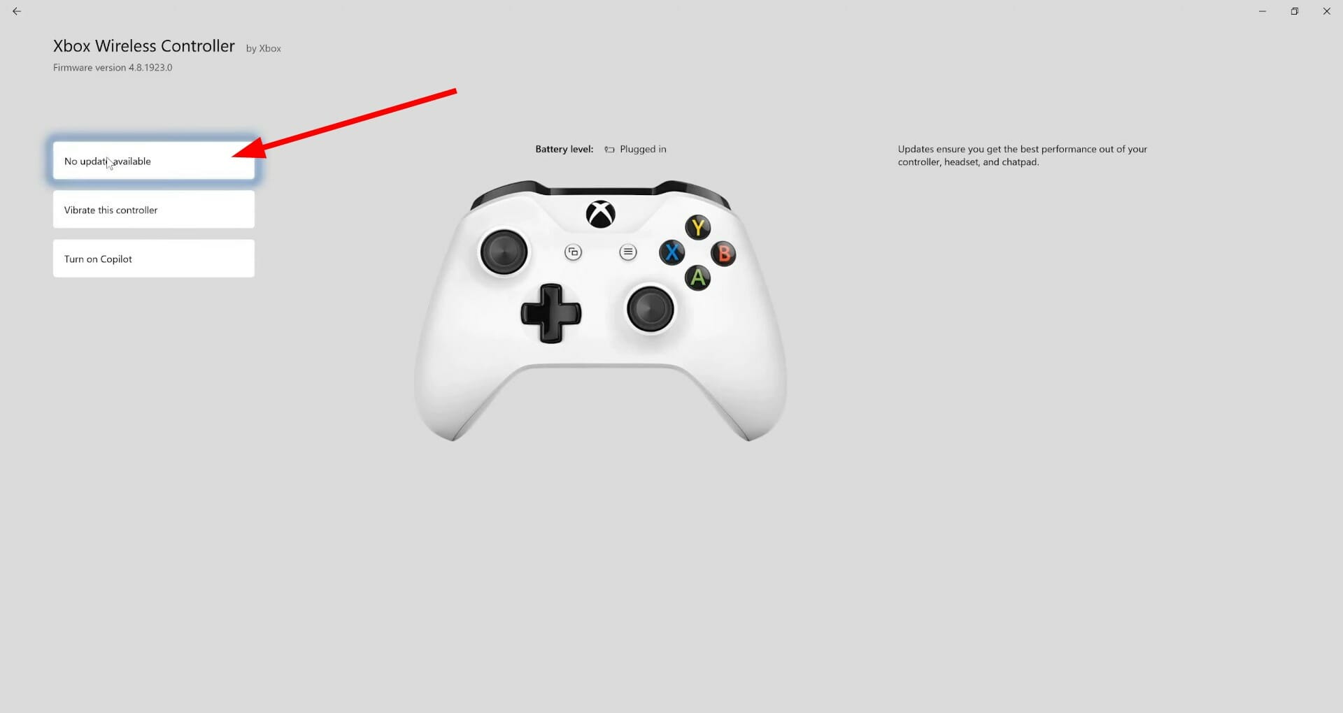 Кнопка обновления контроллера в приложении Xbox Accessories