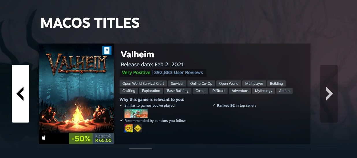 Страница магазина Steam с играми для macOS