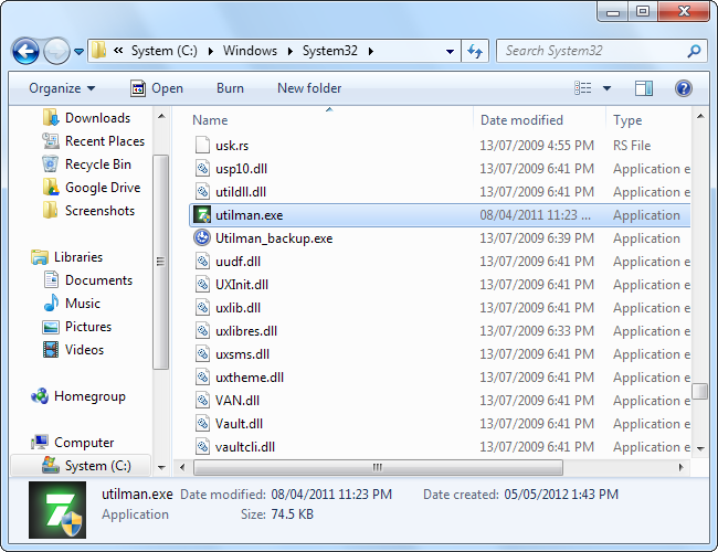 Заменённый Utilman.exe — утилита для захвата экрана входа