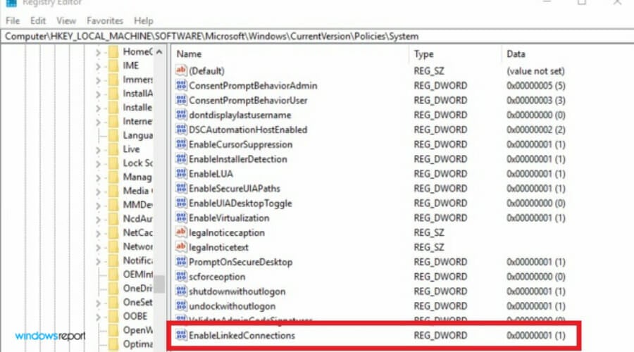 Редактор реестра с параметром EnableLinkedConnections