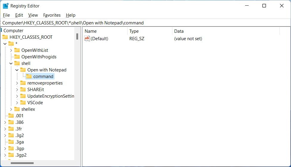 Раздел command внутри Open with Notepad в редакторе реестра