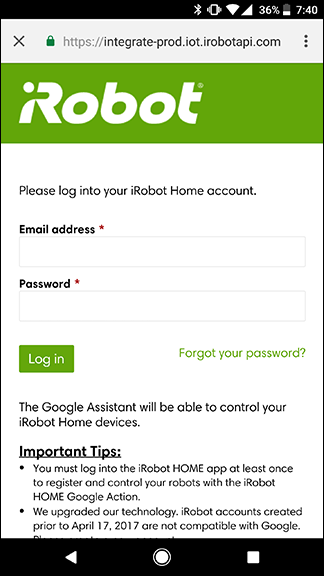 Экран входа в аккаунт Roomba для привязки к Google
