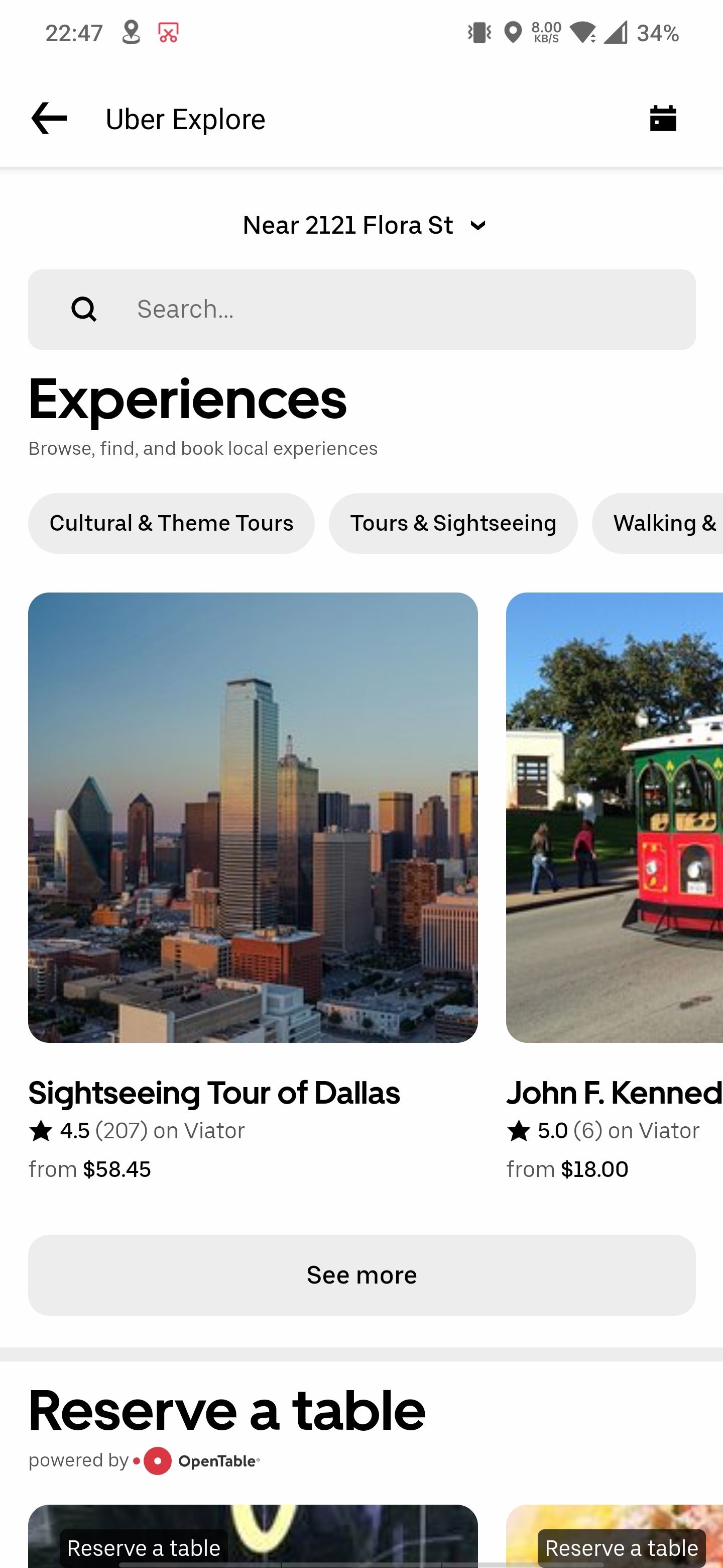 Страница Explore в приложении Uber