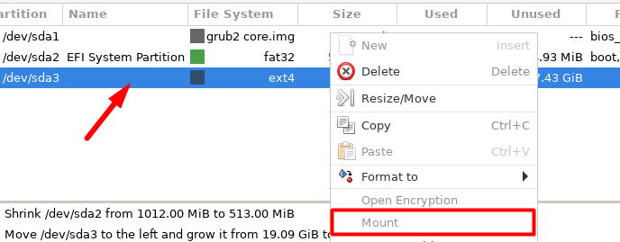 Отключение ненужного раздела перед изменением размера