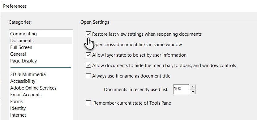 Окно 'Настройки' Adobe Acrobat Reader — раздел Документы