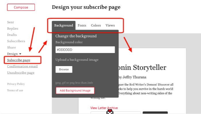 Настройка внешнего вида страницы подписки: фон, шрифты, цвета