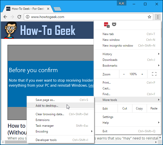 Меню Chrome: Создать ярлык на рабочем столе