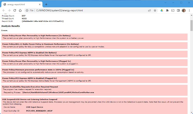 Раздел ошибок в отчёте энергопотребления Windows