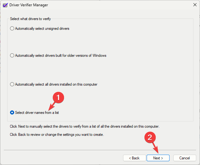 verifiergui_From the Select drivers to verify list, select all the non-Microsoft provided drivers and Finish.