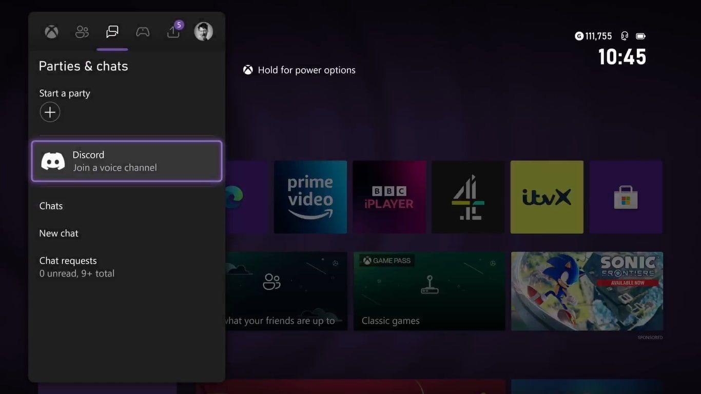 Опции группового чата на Xbox Series X, выделен раздел Discord 