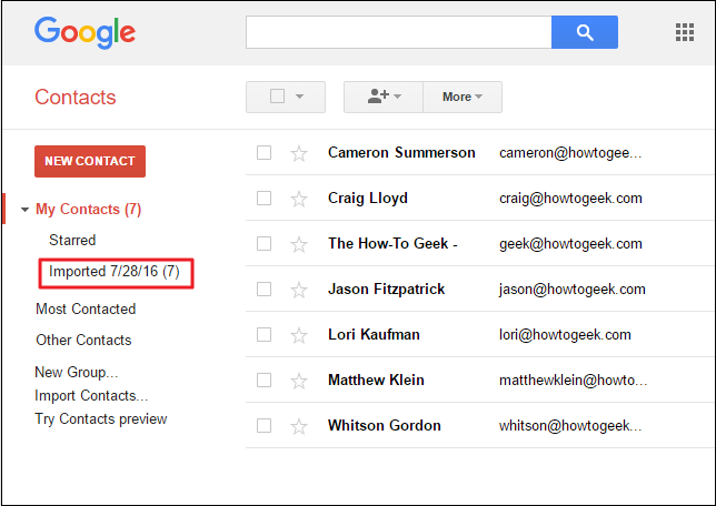 Список 'Мои контакты' с только что импортированной группой по дате