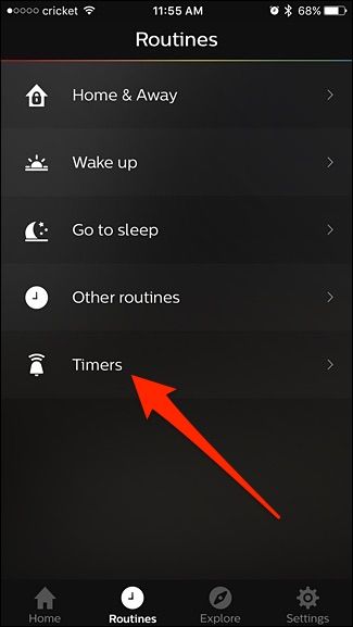 Экран с опцией Таймеры в приложении Hue