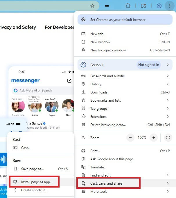 Установка PWA Messenger в Chrome.