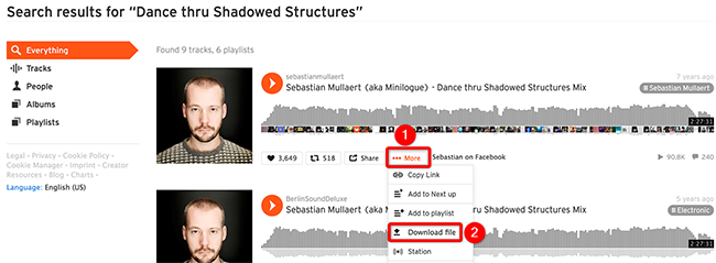 Выберите More > Download file для доступного трека на SoundCloud.
