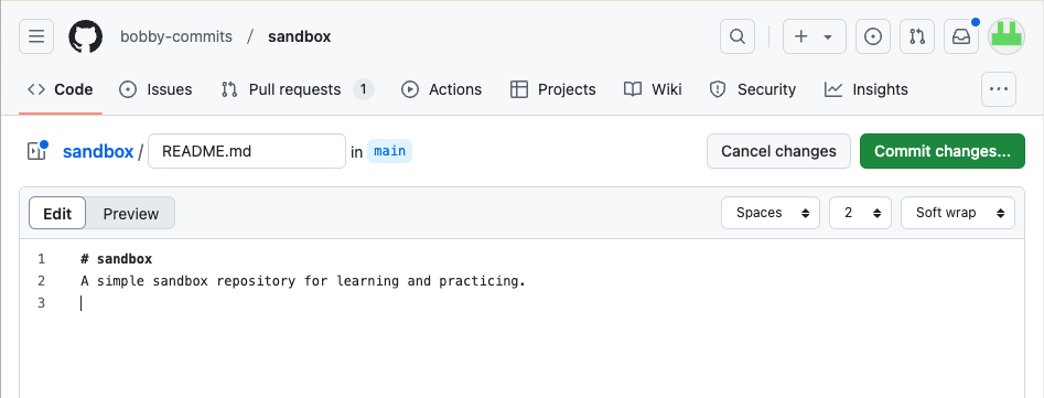 Текстовый редактор GitHub, показывающий ход правки файла.