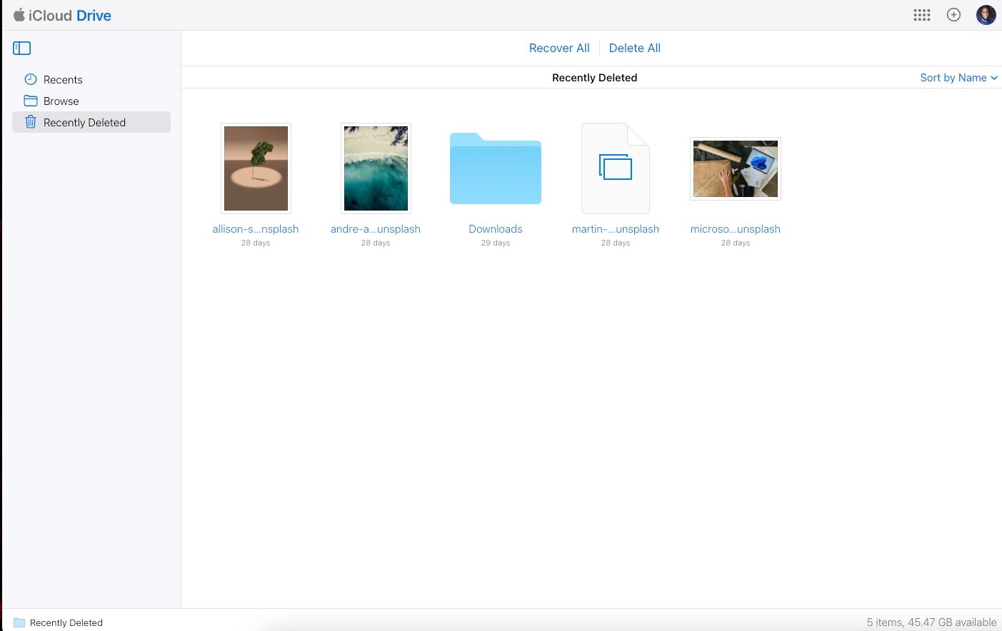 Папка Недавно удалённые в iCloud Drive на вебе