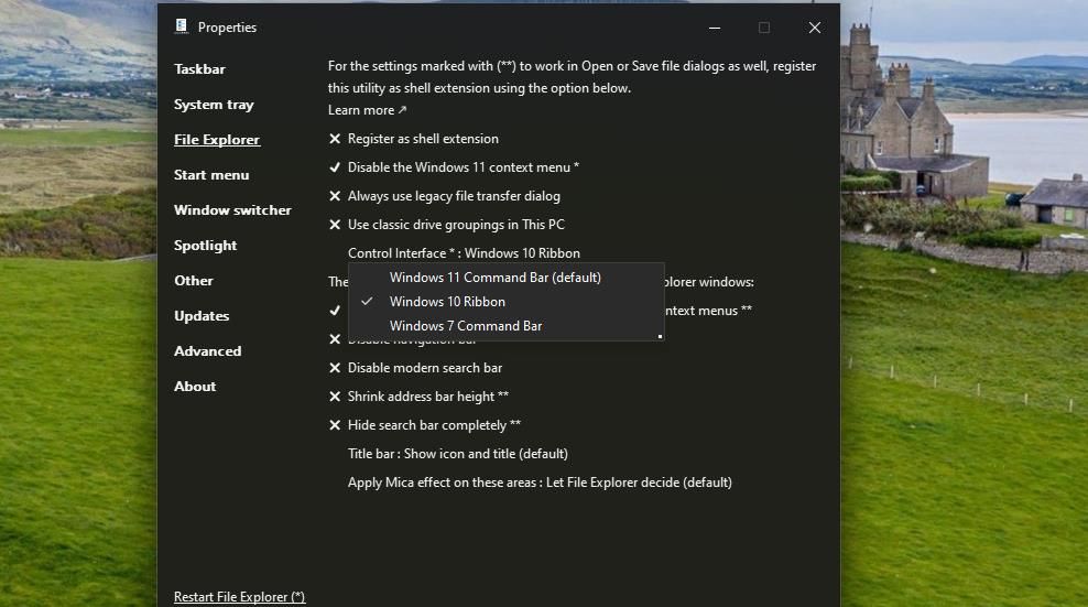 Опция Windows 10 Ribbon в ExplorerPatcher