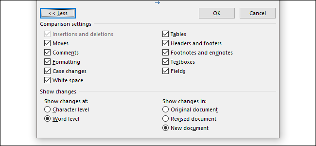 Окно расширенных опций сравнения с настройками отображения правок