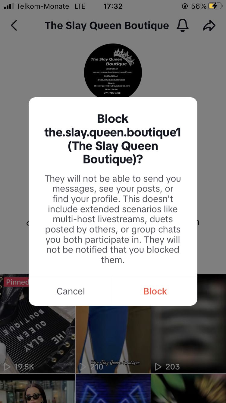 Экран подтверждения блокировки в TikTok