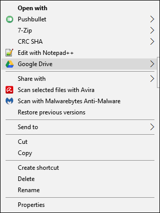 Контекстное меню в Windows с опцией Google Drive
