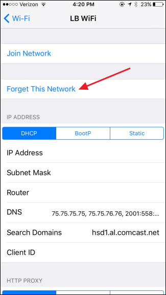 Кнопка 'Забыть эту сеть' в меню сети