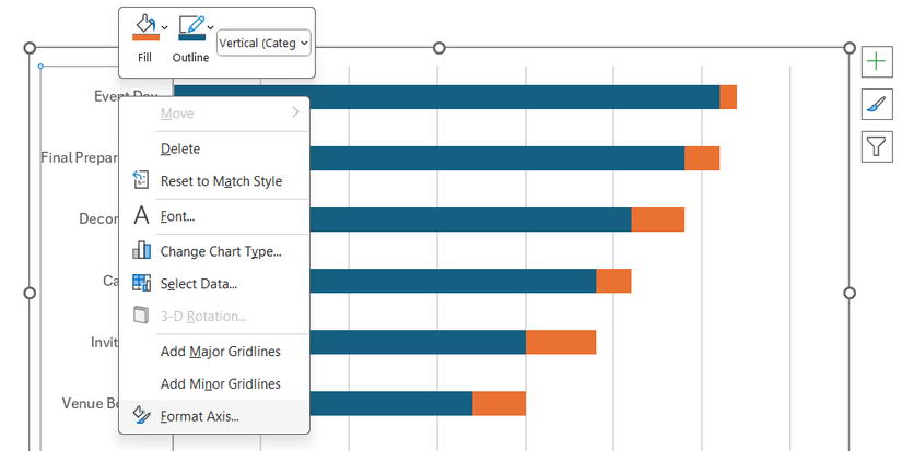 Выбор пункта «Формат оси» при редактировании подписей оси в Excel