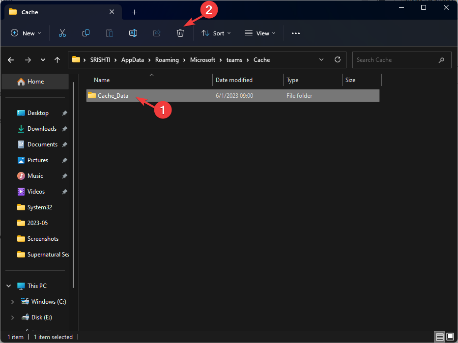 Удаление файлов кеша Teams в Проводнике