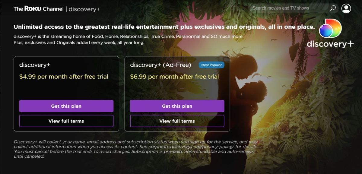 Discovery+ в интерфейсе The Roku Channel на экране