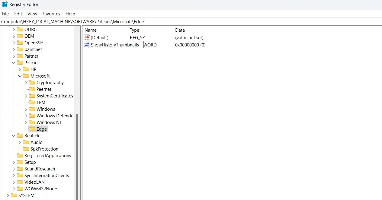 Значение ShowHistoryThumbnails в Редакторе реестра