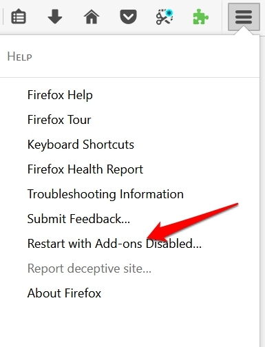 Перезапуск Firefox с отключёнными дополнениями