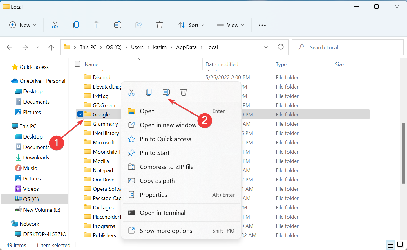 Переименование папки Google в AppDataLocal