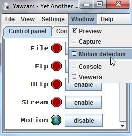 Превью в YawCam с меню Motion detection