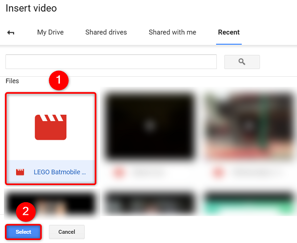 Выберите видео на Google Диске и нажмите «Выбрать».