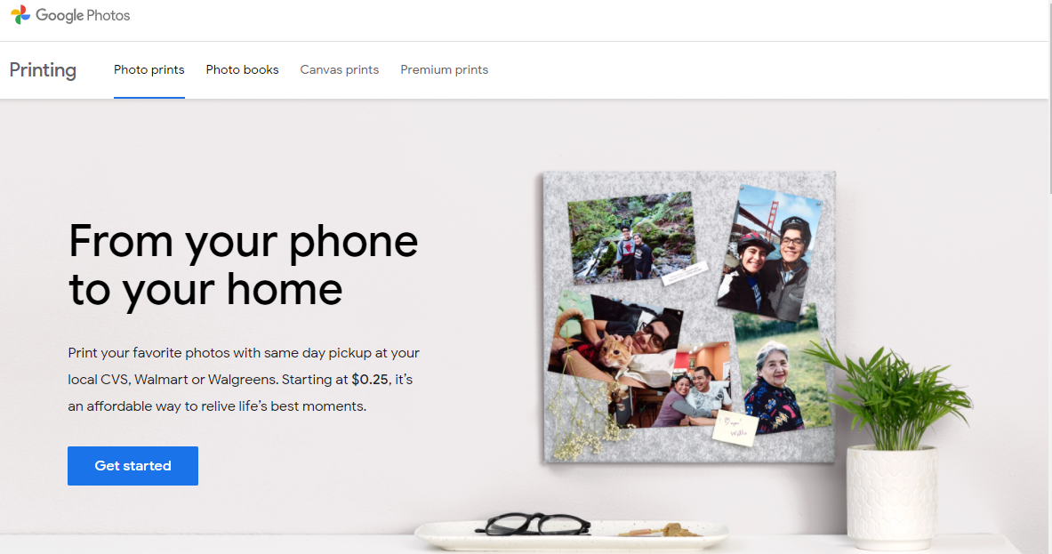 Страница начала заказа стандартных отпечатков Google Photos