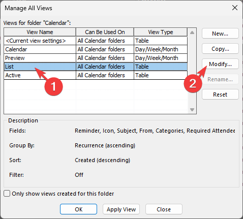 Диалог изменения вида списка календаря