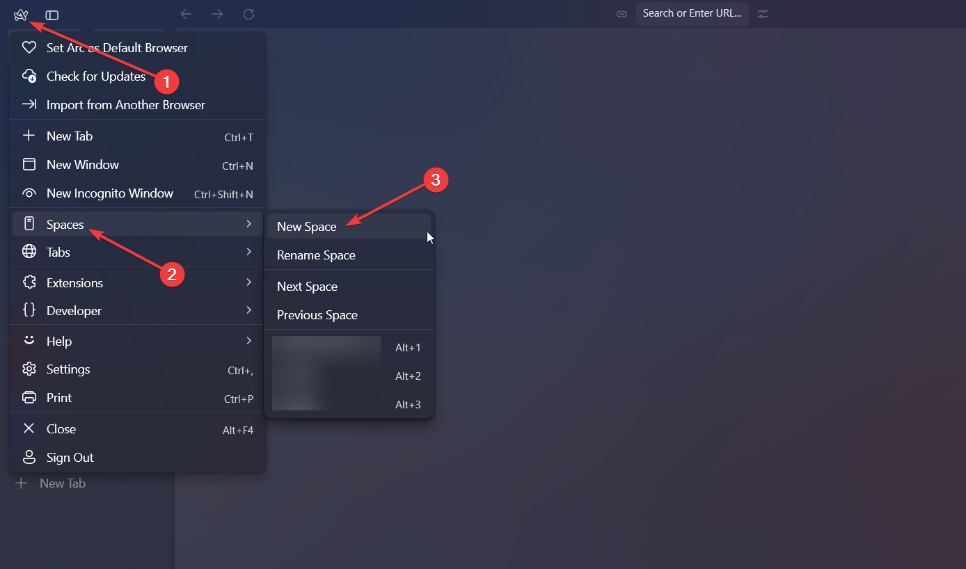 Скриншот: меню Spaces в боковой панели Arc