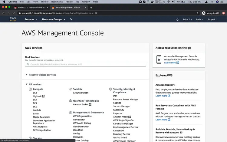 Главная страница AWS Management Console с сервисами