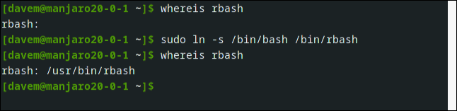 Снимок терминала, показывающий создание символьной ссылки rbash на /bin/bash