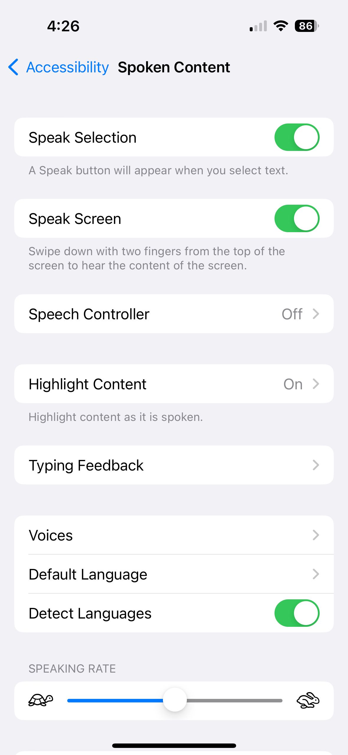 Параметры озвучивания текста на iPhone