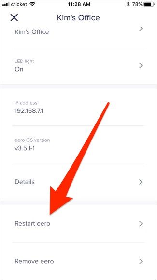 Экран с опцией «Restart Eero» (перезагрузить Eero) в приложении