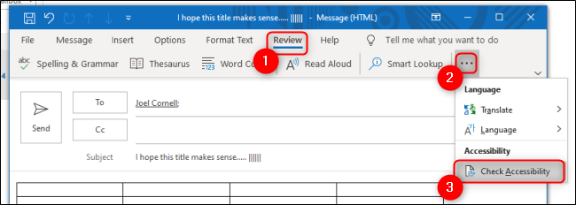 Инструмент проверки доступности в Outlook на вкладке Обзор
