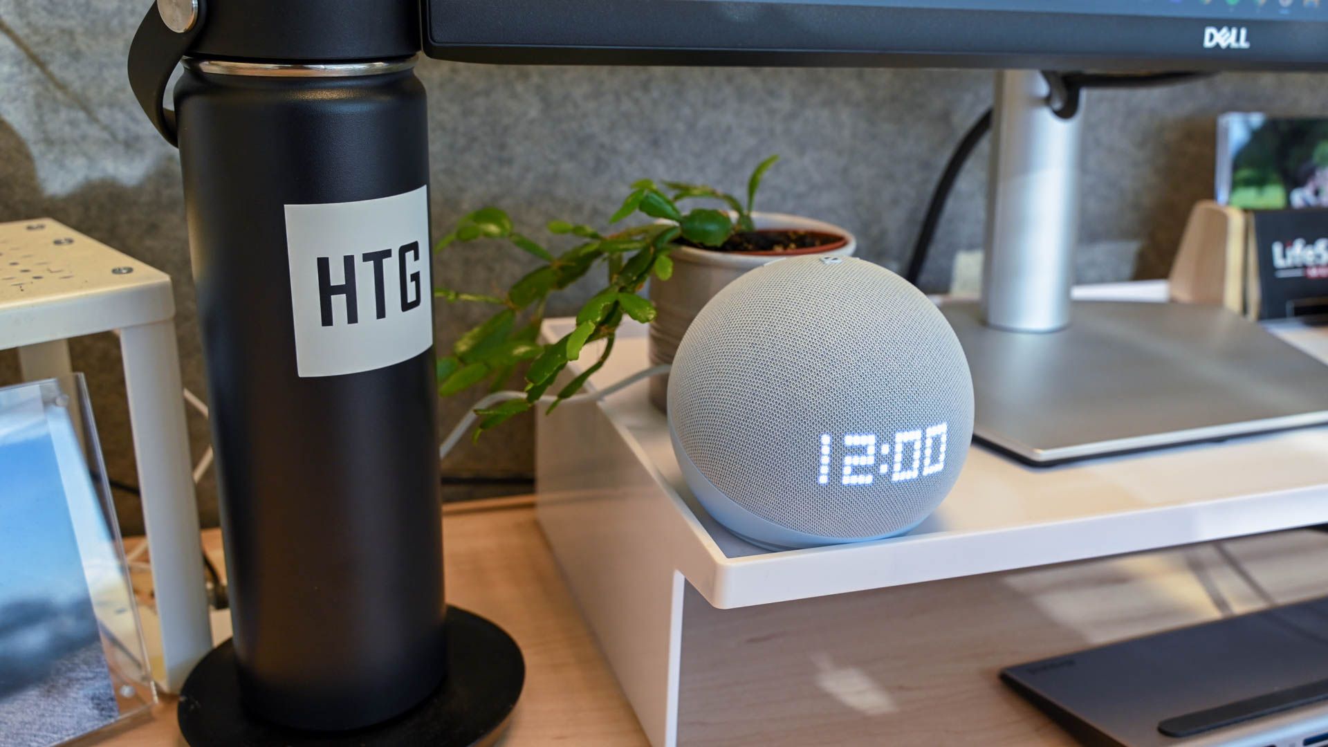 Echo Dot 5th gen установлен на рабочем столе.