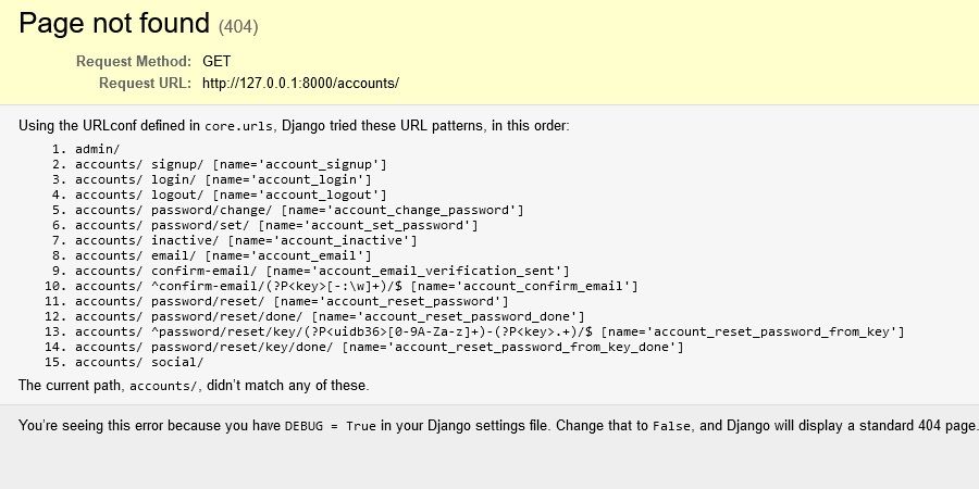 Страница 404 в режиме DEBUG Django, показывающая список URL-паттернов django-allauth