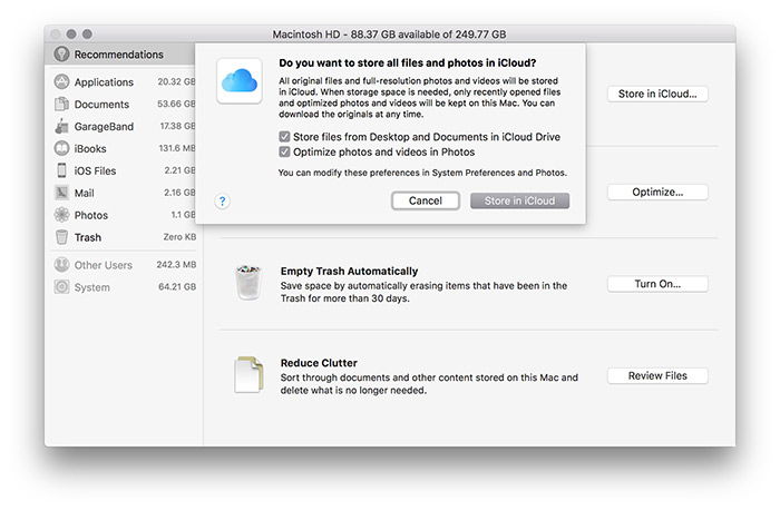 Интерфейс устройства управления iCloud в macOS