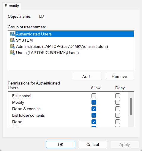 Окно разрешений для флешки