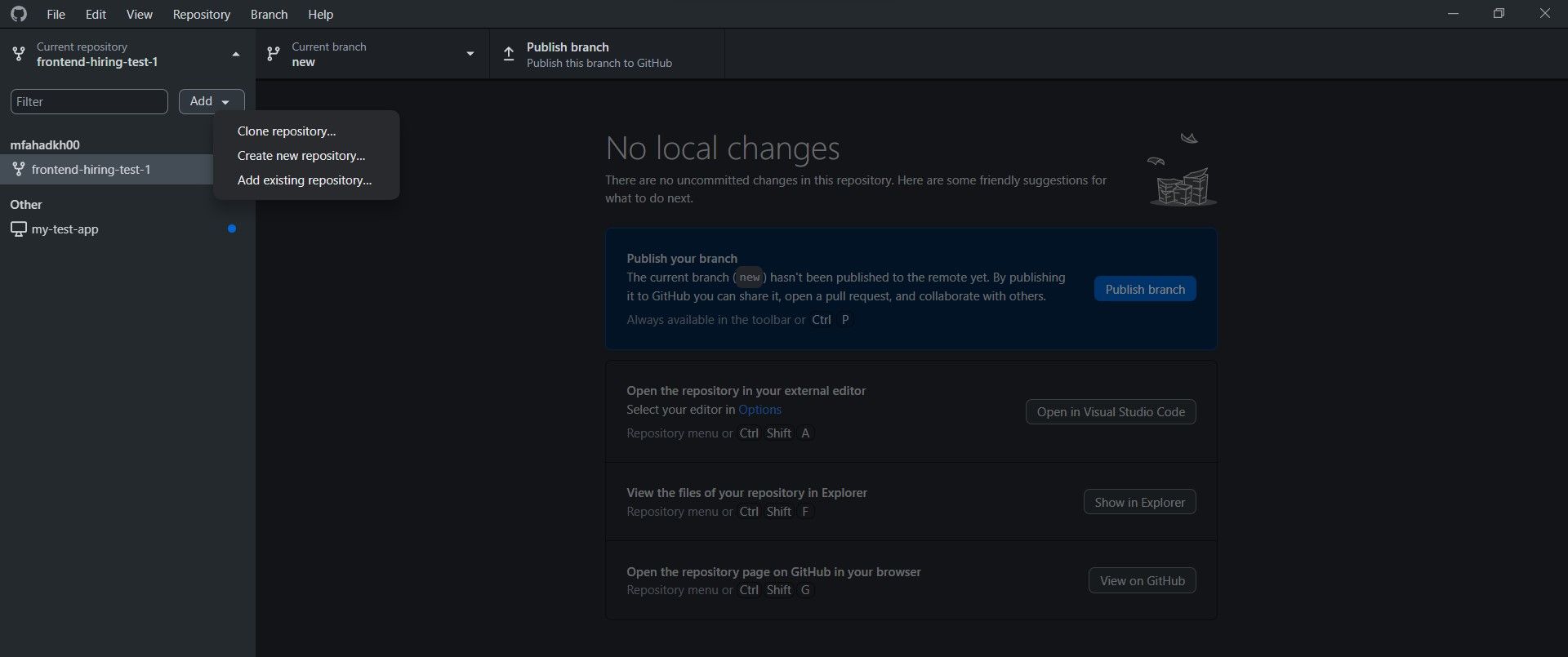 Окно выбора репозитория для клонирования в GitHub Desktop
