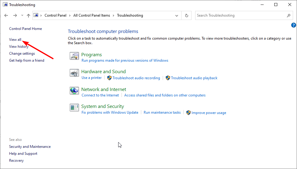 Пункт Просмотр всех в средстве устранения неполадок