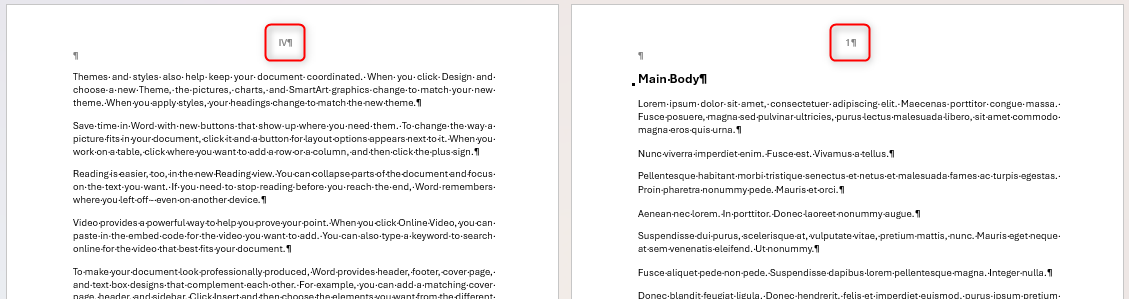 Документ Word с заглавными римскими цифрами в разделе 1 и арабскими цифрами в разделе 2.