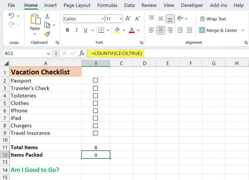 Пример использования COUNTIF для подсчёта отмеченных ячеек