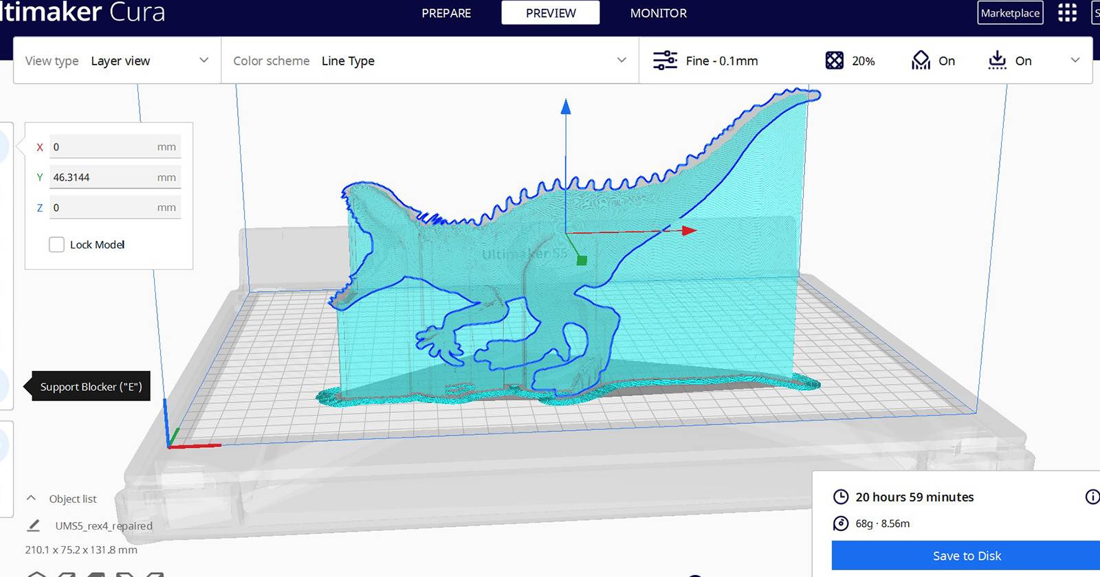 3D slicing indominus rex model in Cura and adding supports